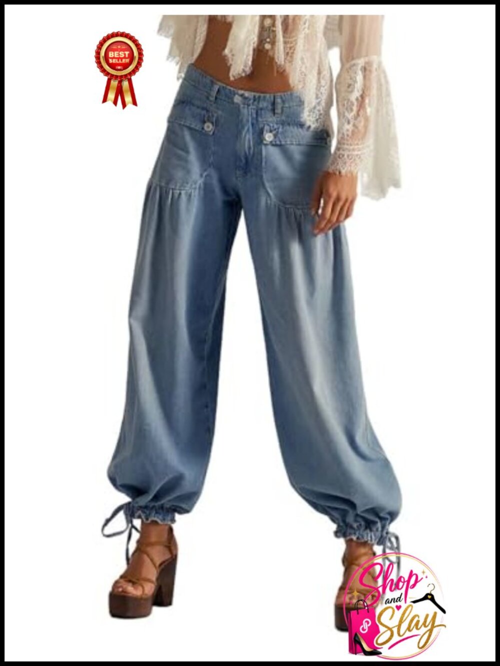 Baggy Harem Jeans Low Rise Adjustable Ankle Tie Denim Trousers